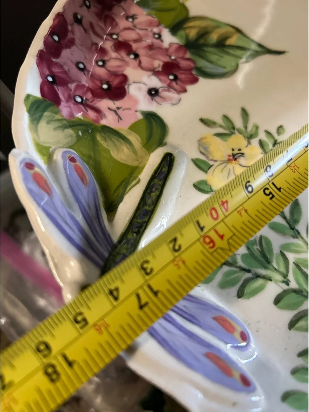 Handpainted Ceramic Serving Platter with Floral and Dragonfly Design